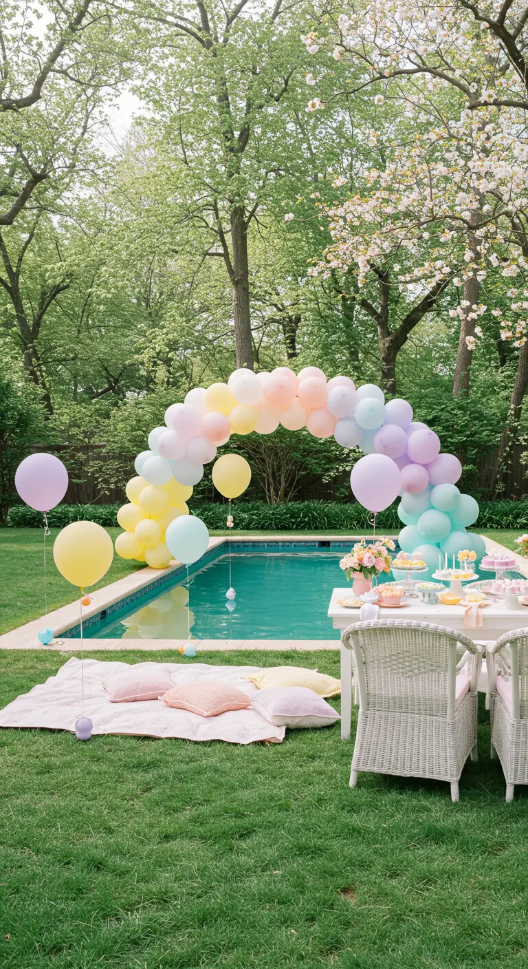 Arco de globos en tonos pastel sobre una piscina para una fiesta de cumpleaños.