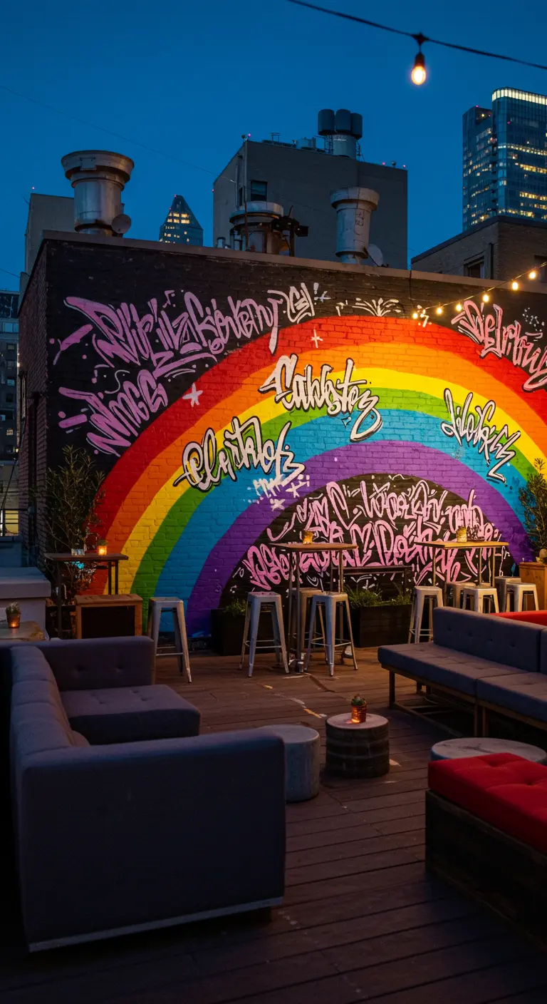 Mural de grafiti de un arcoíris en una pared de ladrillo en una azotea urbana.