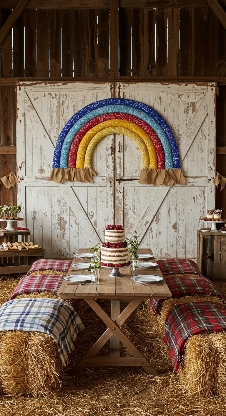 Arcoíris hecho con pañuelos de colores sobre una puerta de granero blanca.