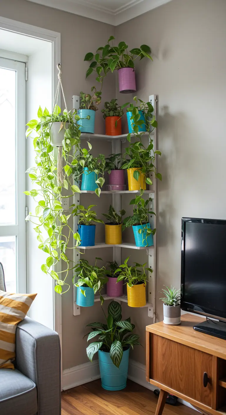 Estantería esquinera blanca llena de plantas en macetas de múltiples colores vivos