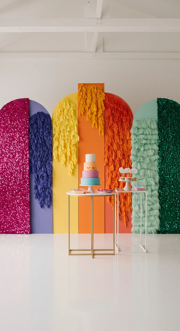 Paneles en forma de arco con texturas coloridas: lentejuelas, flecos y peluche.