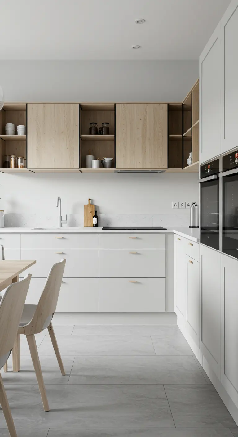 Cocina blanca con armarios superiores de madera y estructura negra.