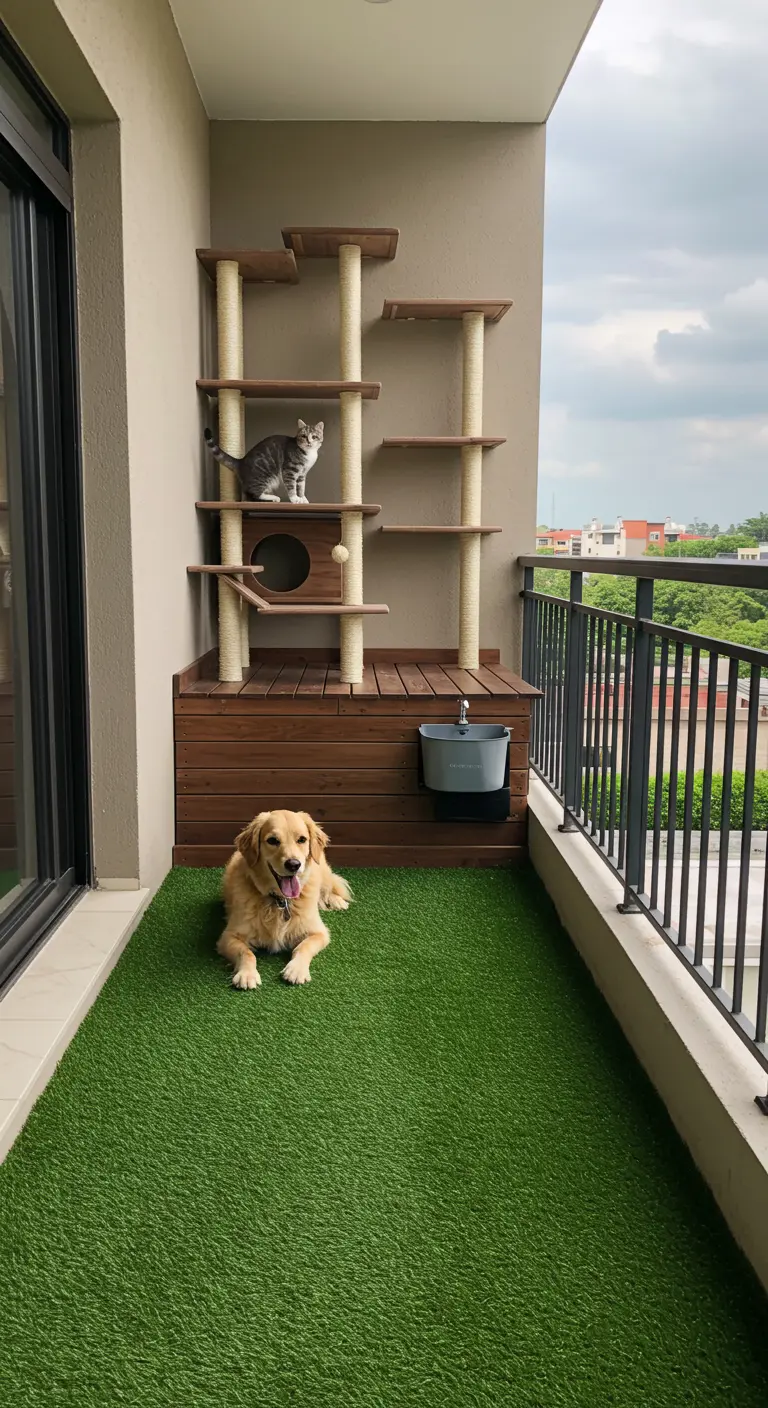 Balcón con un perro golden retriever en el césped y un gato en lo alto de un gran árbol rascador
