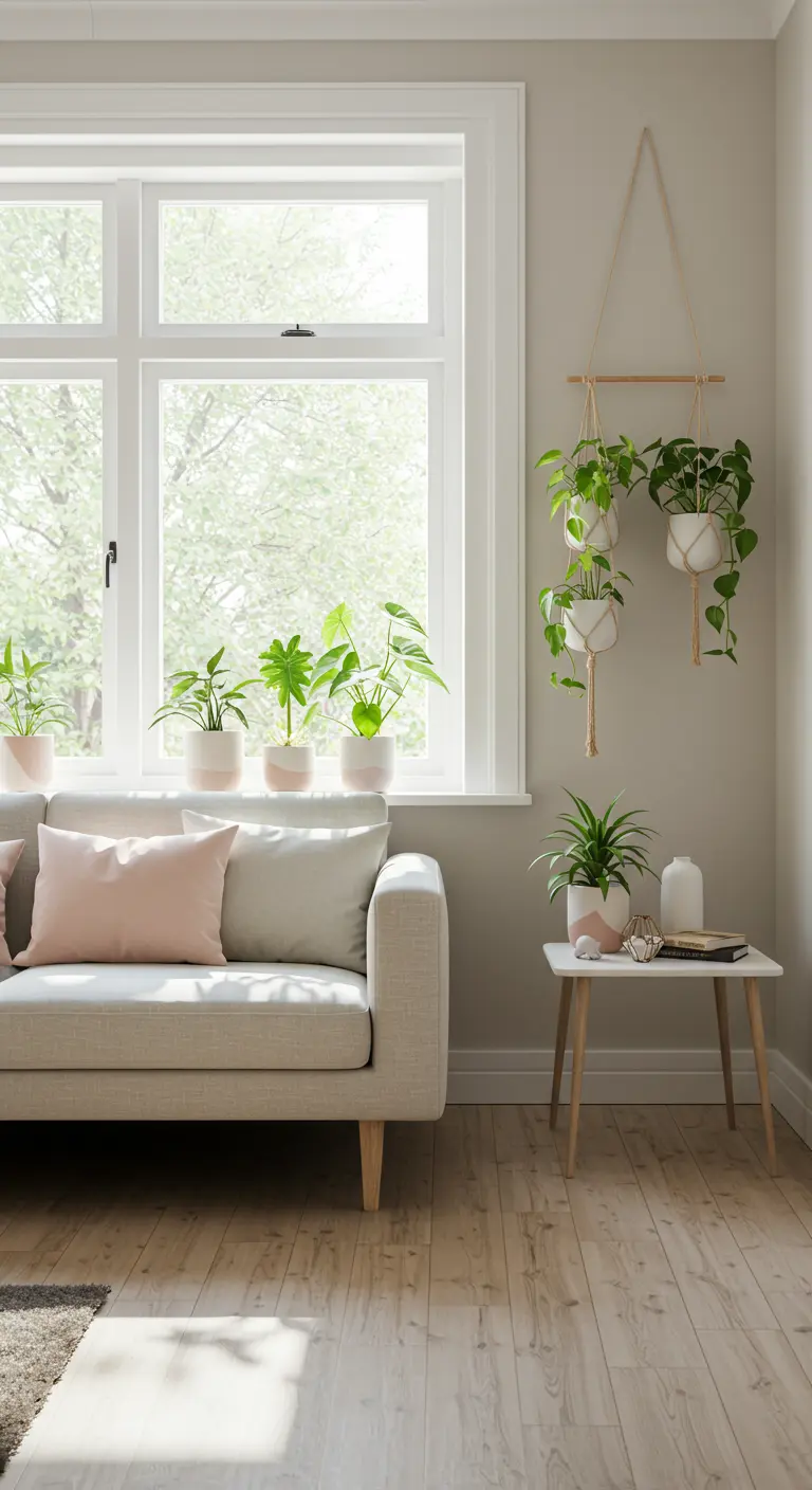 Sala de estar de estilo escandinavo con plantas en macetas de tonos pastel en la ventana y colgadas