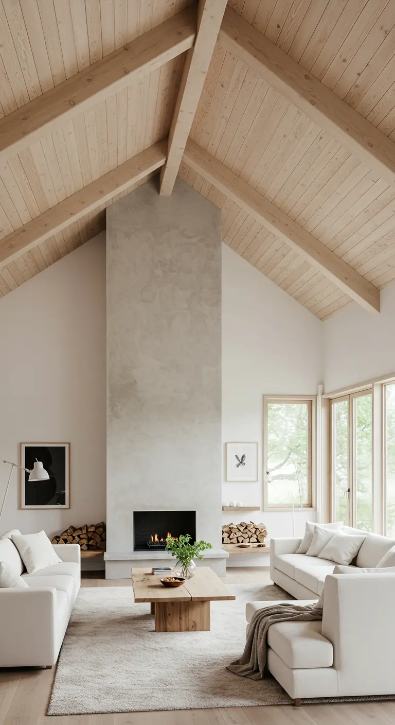 Impresionante sala de estar con techo abovedado de madera clara, chimenea y sofás blancos.