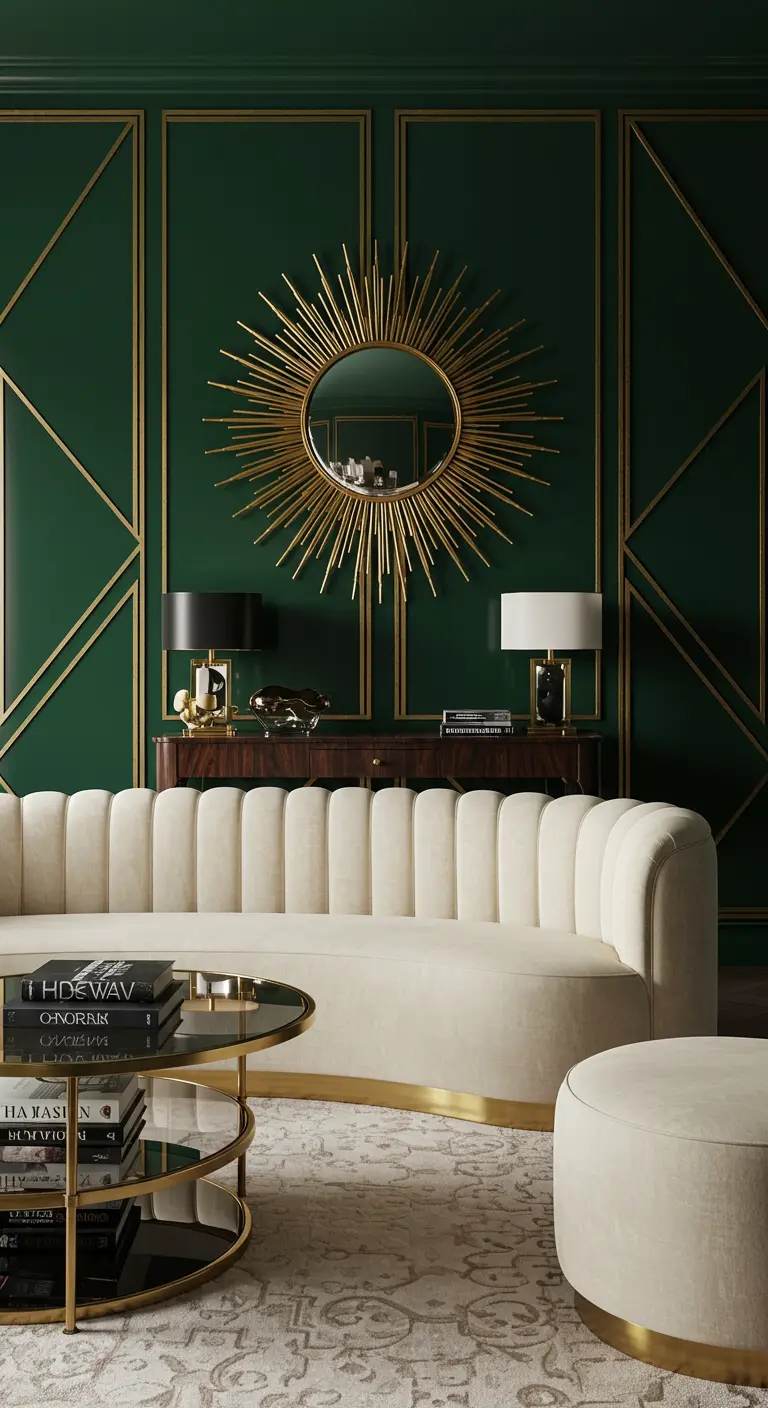 Sala verde oscuro con molduras doradas, sofá curvo color crema y espejo de sol.