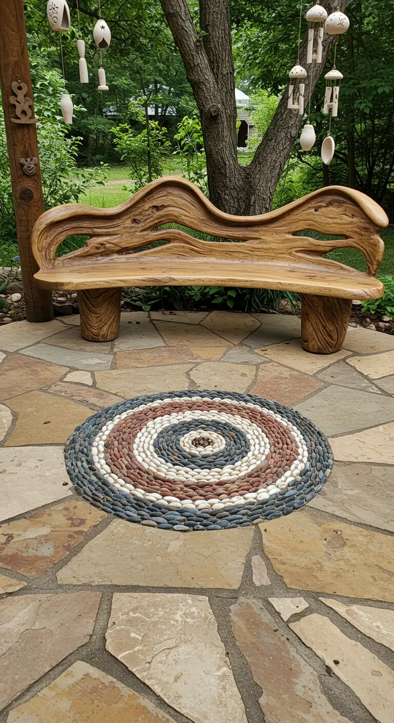 Patio de piedra con un mosaico circular de guijarros en el suelo y un banco de madera de diseño orgánico.