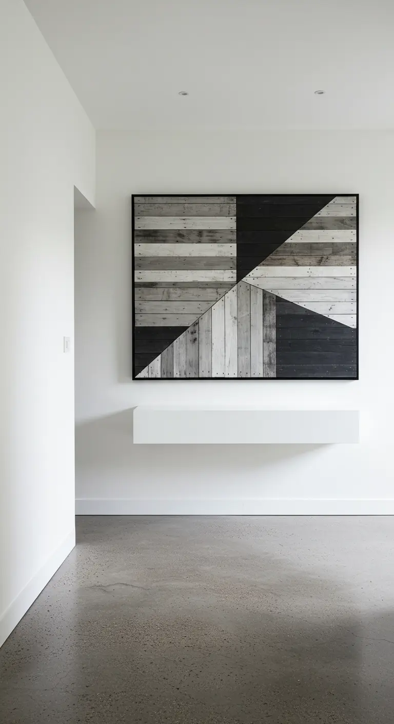 Cuadro de pared grande con un diseño geométrico hecho de listones de palet pintados.