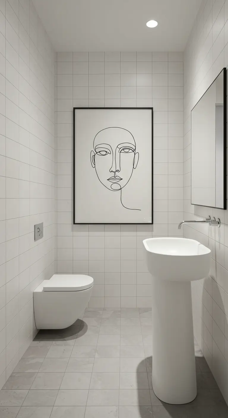 Baño minimalista con azulejos blancos y un gran cuadro de arte lineal con un rostro abstracto.