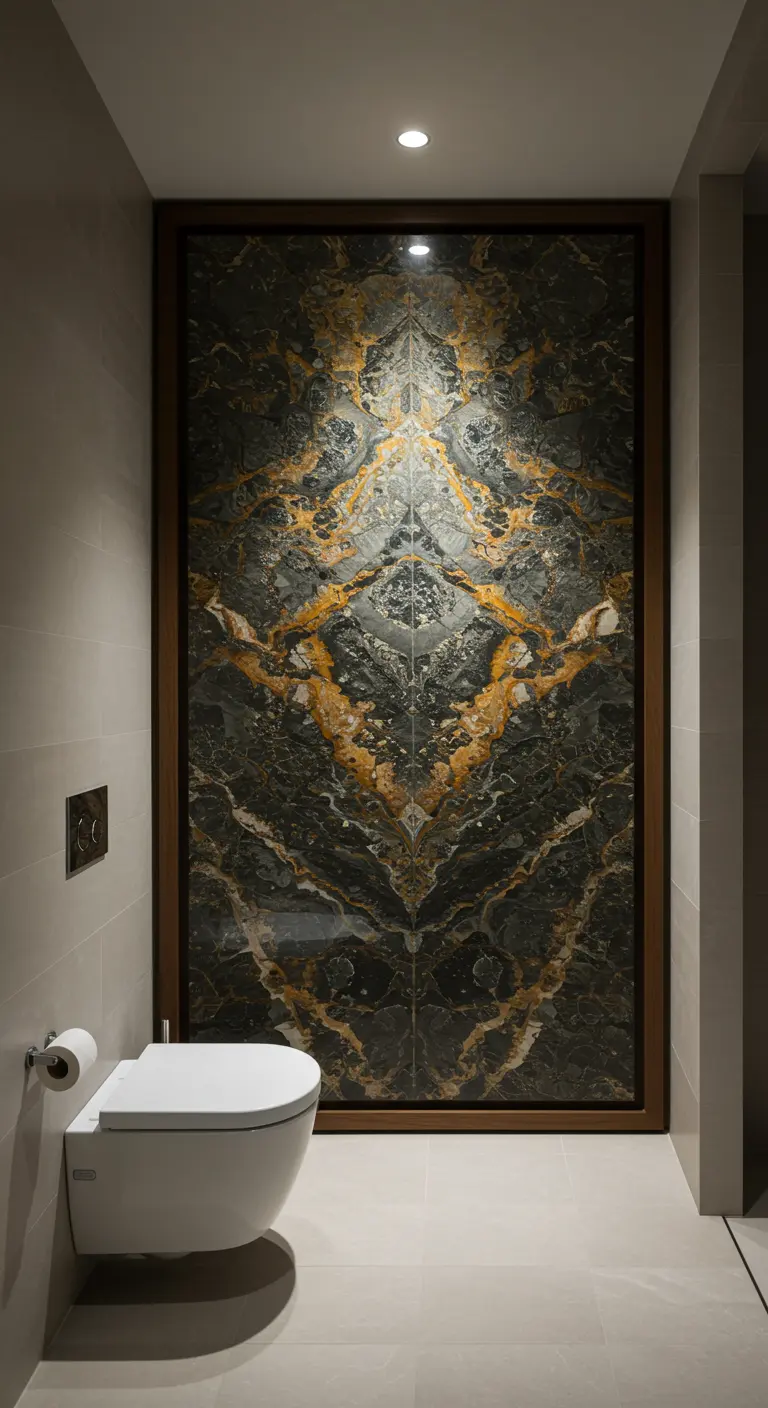 Aseo con un gran panel vertical de mármol oscuro veteado en dorado detrás del inodoro.