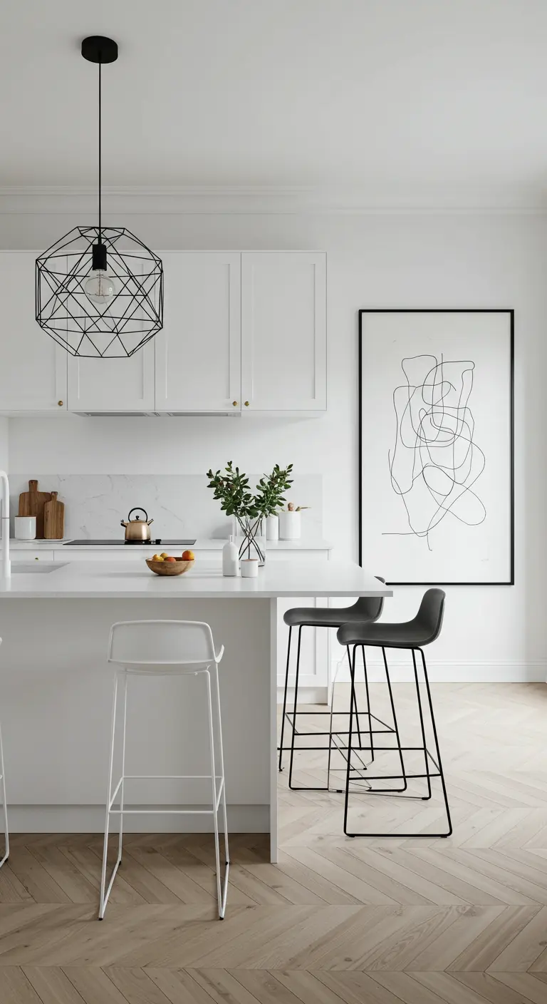 Cocina blanca con lámpara geométrica negra y un gran cuadro de arte lineal.