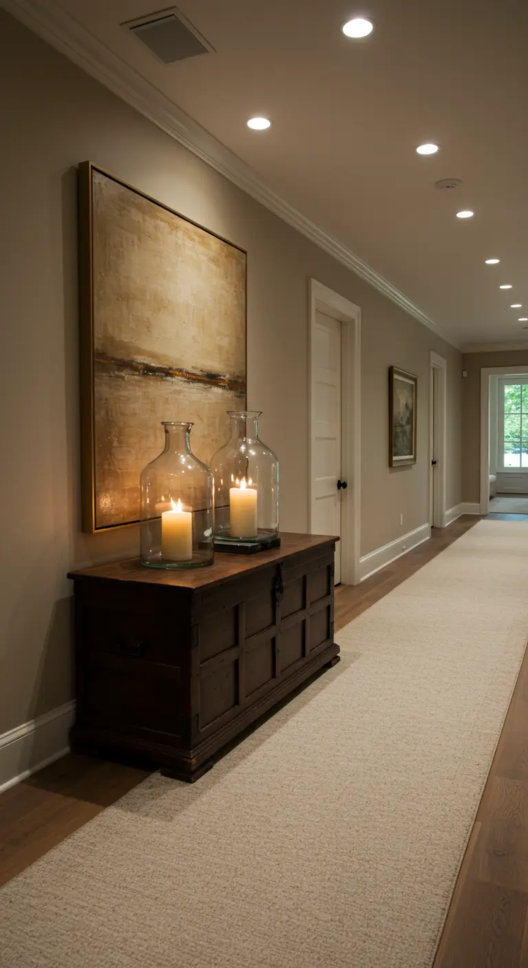 Pasillo elegante con baúl de madera oscura, cuadro abstracto y grandes faroles de cristal con velas.