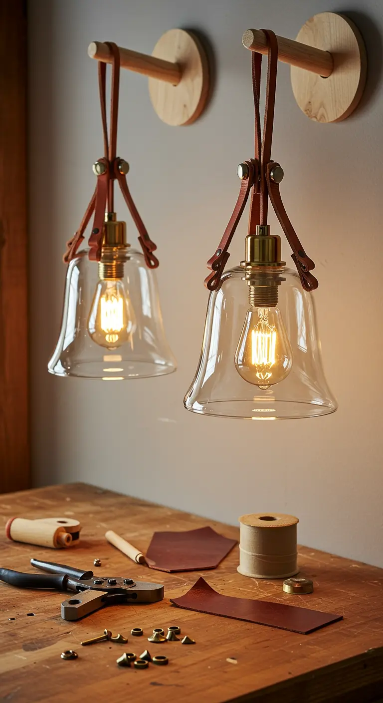 Lámparas de pared con pantallas de vidrio en forma de campana sujetas por un arnés de cuero.