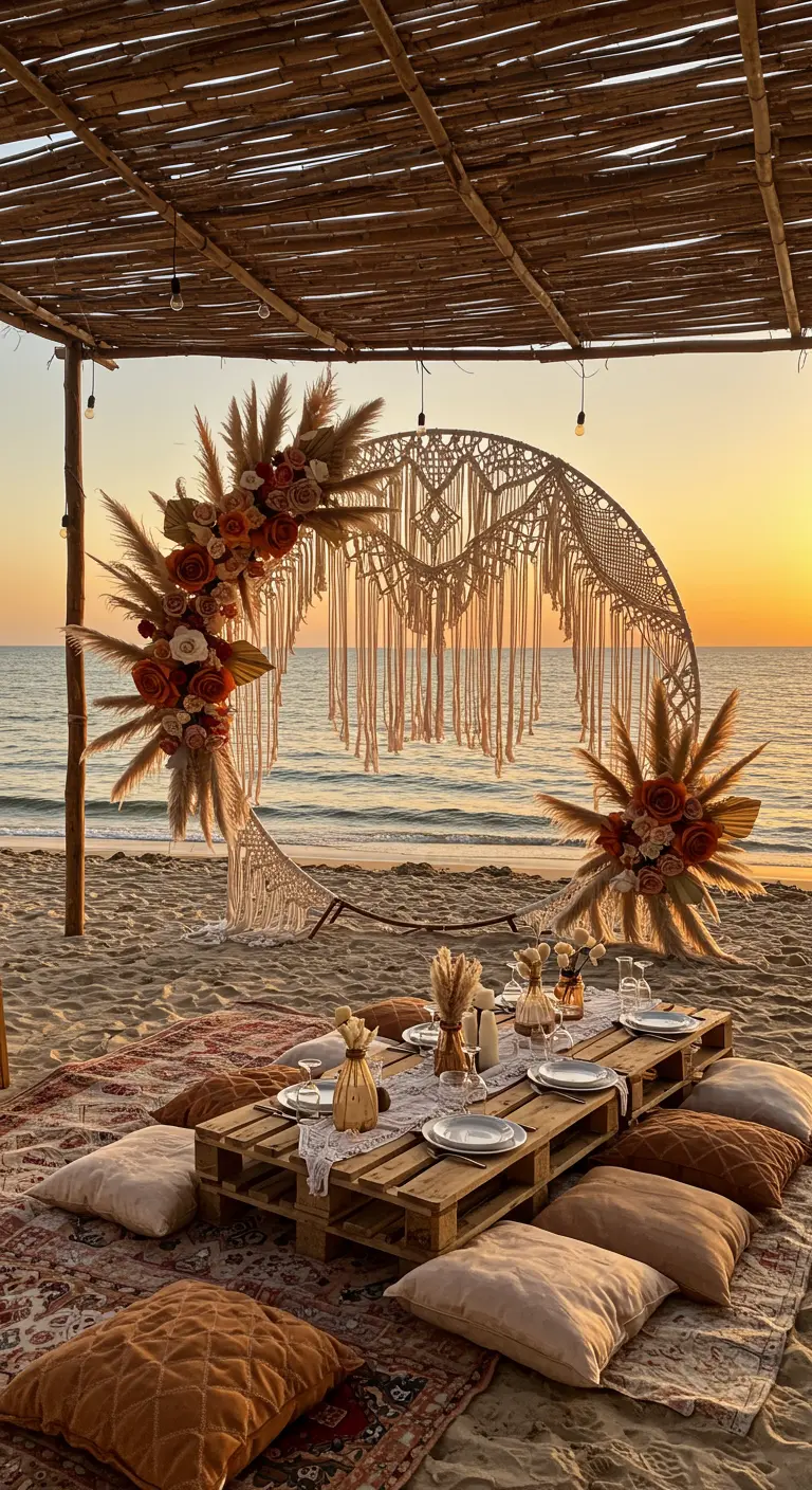 Picnic bohemio en la playa al atardecer con un arco de macramé y flores secas.