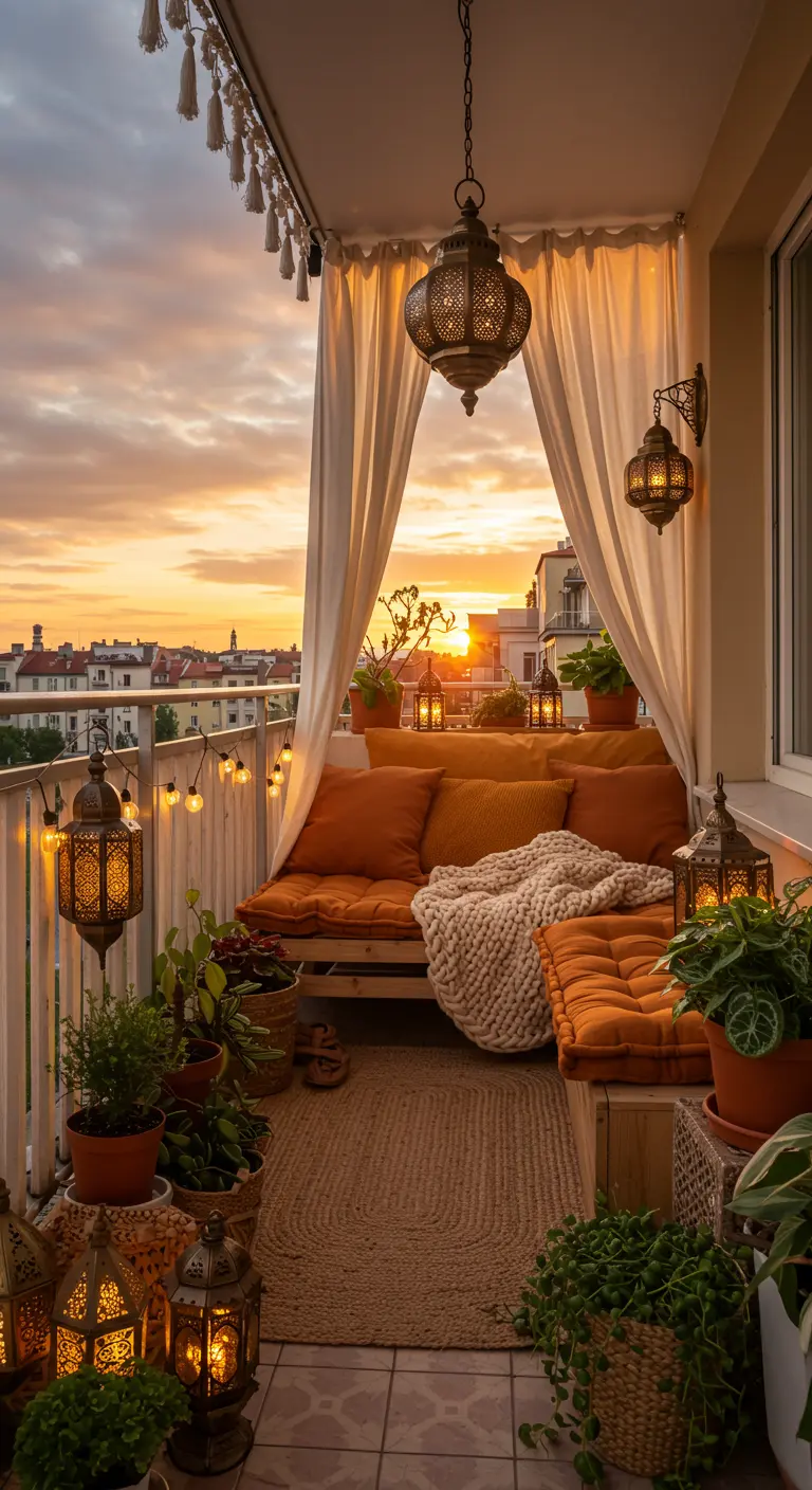 Balcón bohemio al atardecer con sofá de palets, cojines naranjas, faroles marroquíes y cortinas.