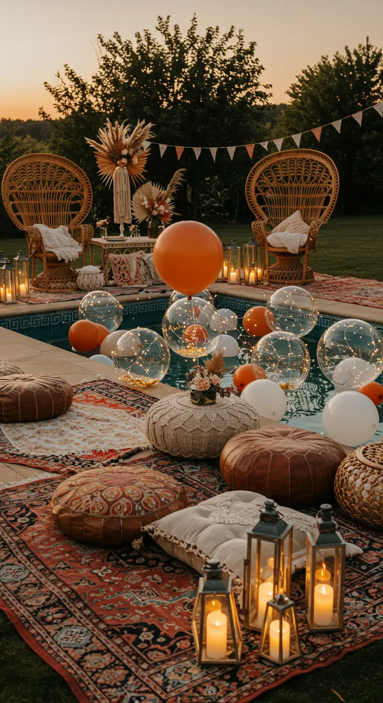Fiesta boho junto a la piscina con globos, alfombras persas, pufs y sillas de ratán.