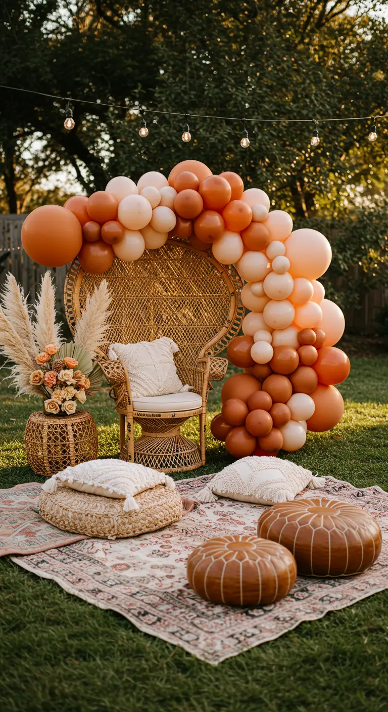 Arco de globos en tonos tierra y terracota para una fiesta de cumpleaños bohemia al aire libre.