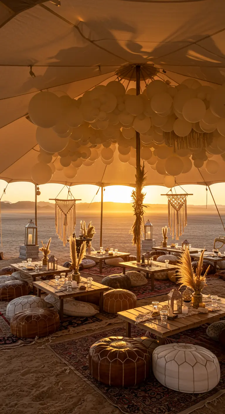 Techo de una carpa boho cubierto de globos blancos durante la puesta de sol.