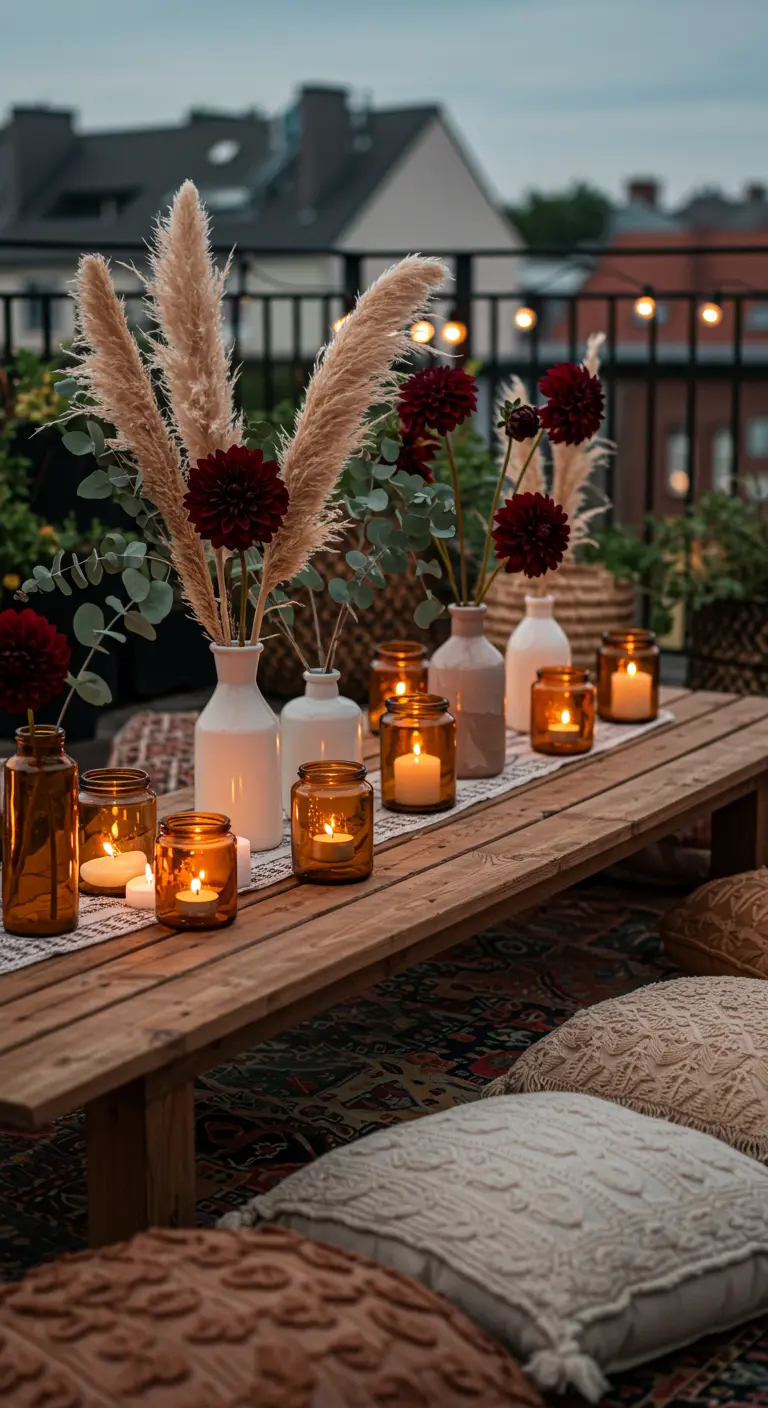 Mesa baja de estilo bohemio en una azotea con hierba de la pampa y velas.