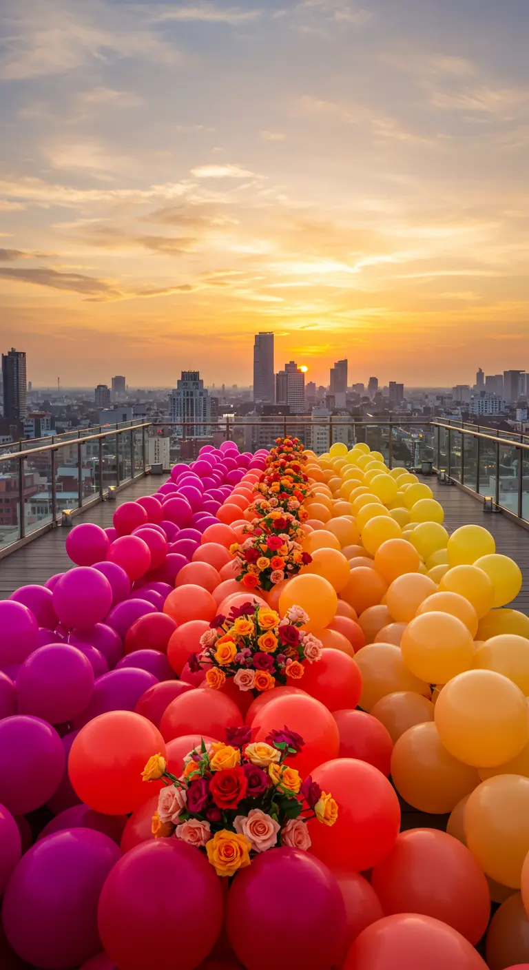 Instalación de globos en una azotea con un degradado de colores del atardecer.
