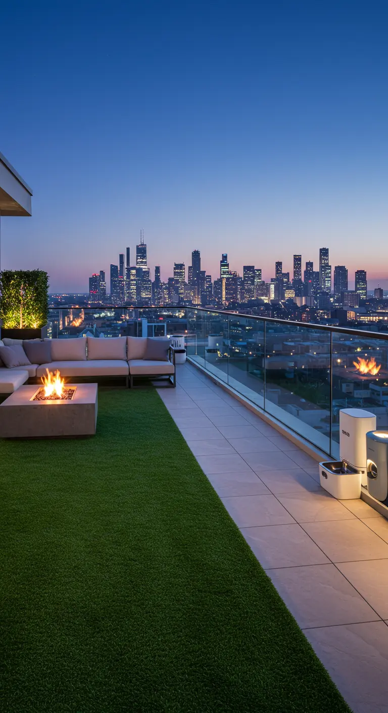 Terraza de lujo en un ático con césped artificial, sofá moderno, brasero y vistas a la ciudad