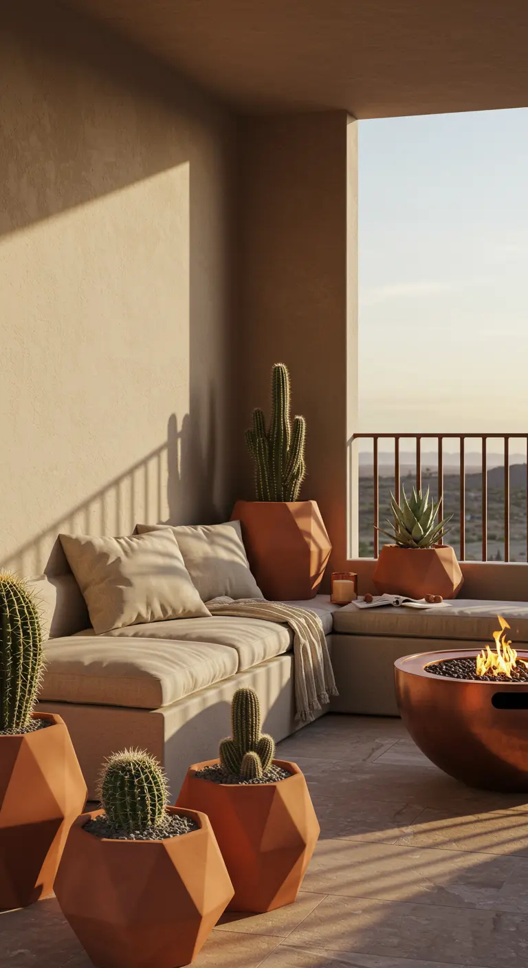 Balcón de estilo desértico con cojines beige, cactus y un moderno brasero de cobre.