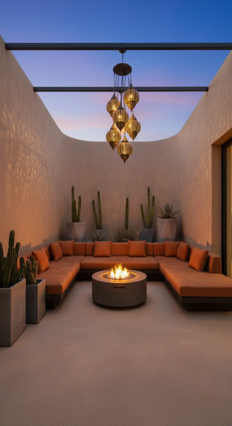 Patio de estilo desértico con paredes curvas, sofá de obra terracota y un gran candelabro marroquí