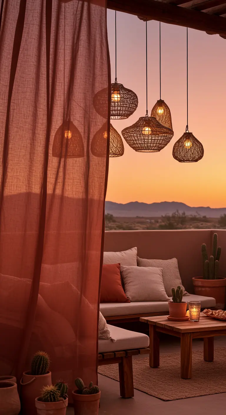 Terraza con inspiración desértica, cortina terracota, lámparas de fibra y cactus al atardecer.