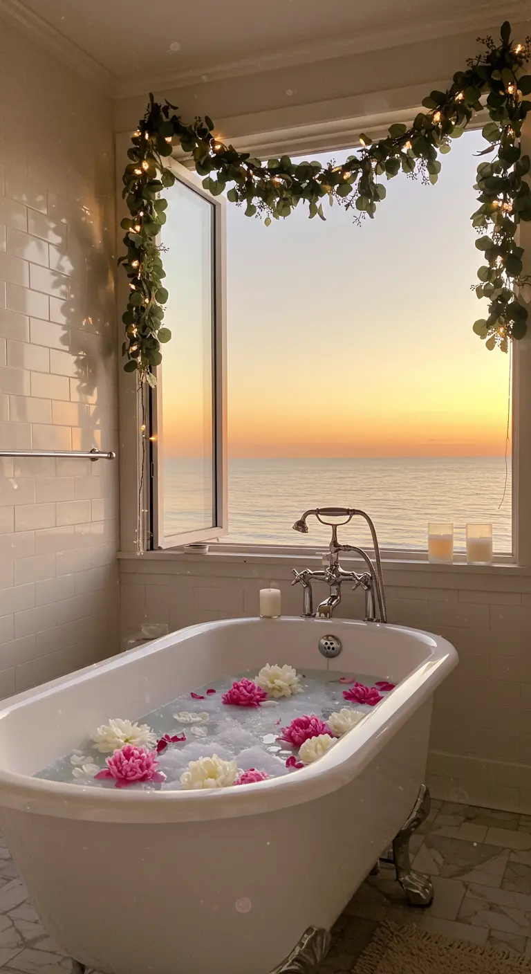 Bañera con patas y flores flotando, con una ventana abierta al atardecer sobre el mar.