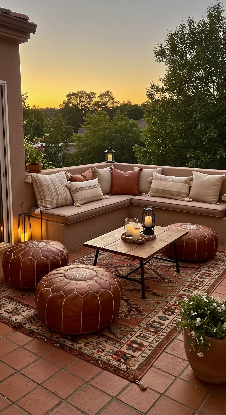 Terraza con sofá de obra, pufs de cuero y cojines en tonos tierra, iluminada por la luz del atardecer