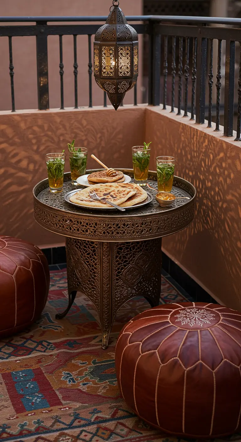 Balcón de estilo marroquí con mesa de metal, pufs de cuero y un farol colgante.