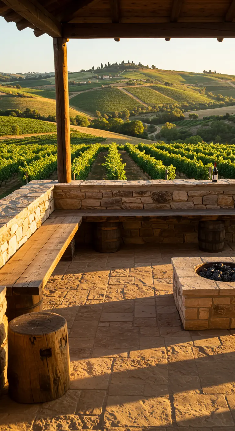 Terraza rústica con vistas a un viñedo, con un fogón y asientos de piedra y madera al atardecer.