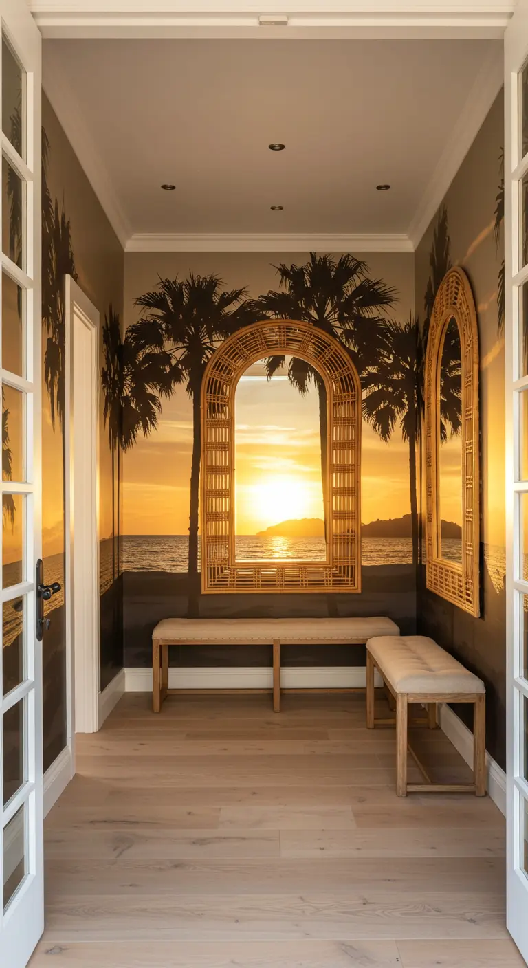 Pasillo de entrada con un fotomural de una playa al atardecer y espejos de ratán en forma de arco.