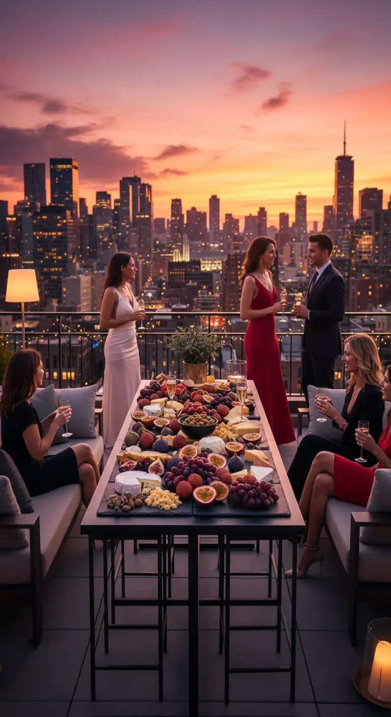 Mesa en una azotea con una tabla de pizarra llena de frutas, quesos y frutos secos.