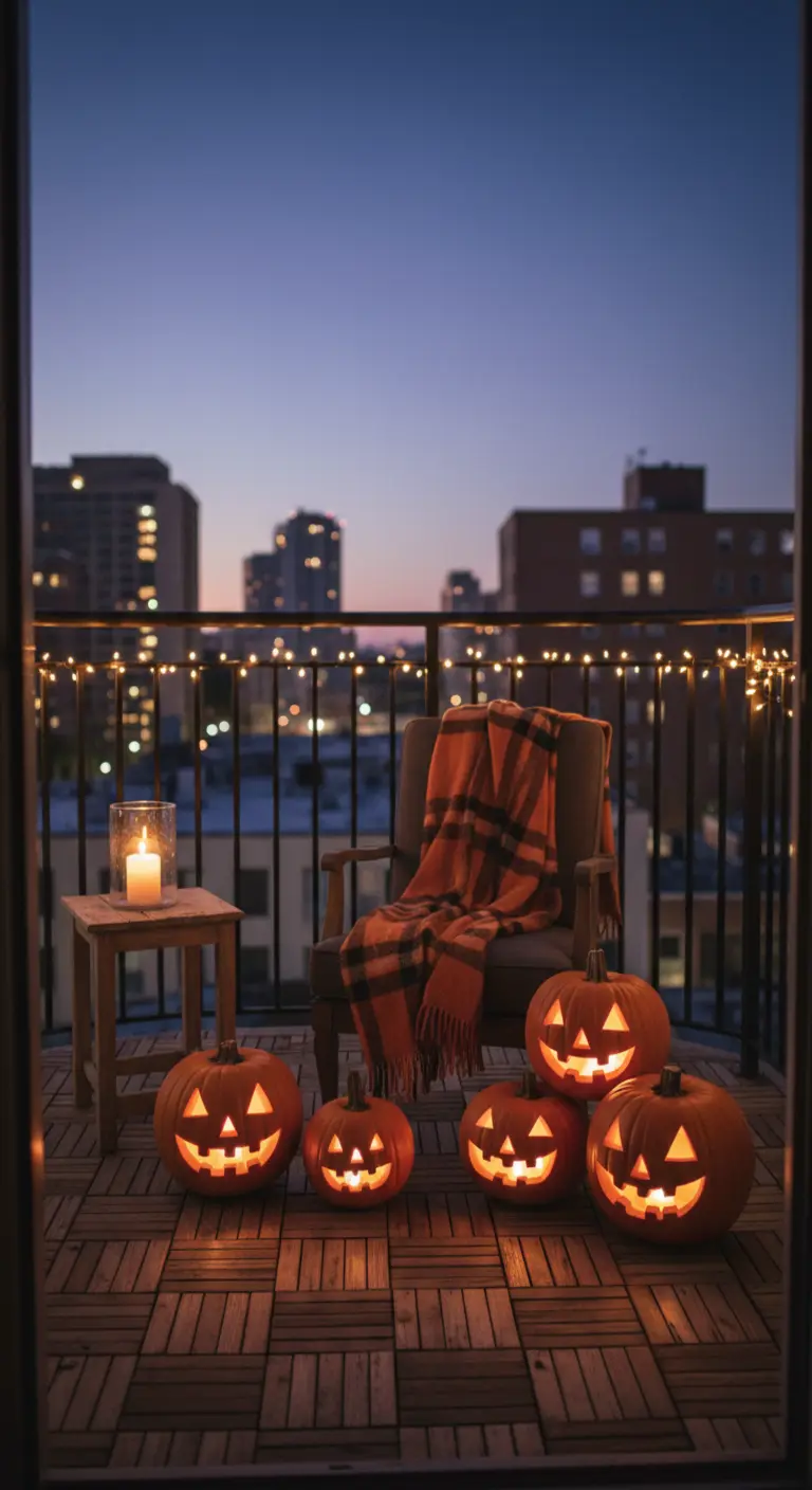 Balcón urbano decorado para Halloween con calabazas iluminadas y una manta a cuadros.