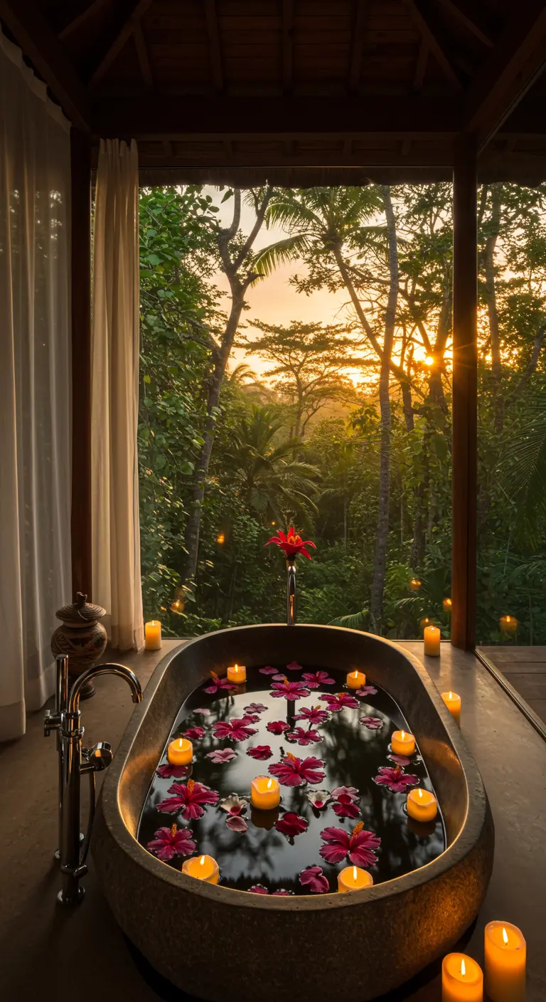 Bañera de piedra en un porche abierto a la jungla al atardecer, con flores y velas flotantes.