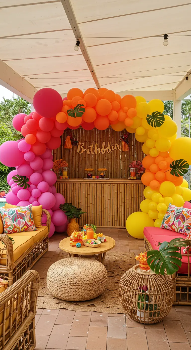 Arco de globos degradados en rosa, naranja y amarillo para una fiesta tropical al aire libre.