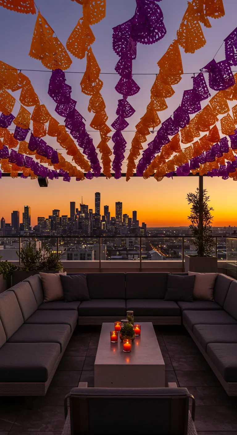 Terraza en una azotea con papel picado naranja y morado enmarcando el skyline de la ciudad.
