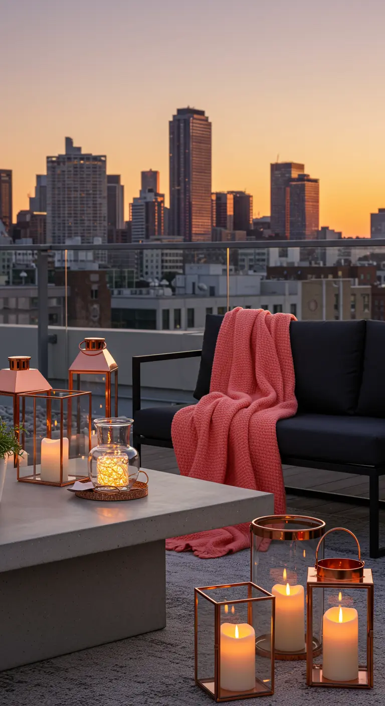 Terraza en la azotea al atardecer con farolillos de cobre y una manta rosa sobre un sofá.