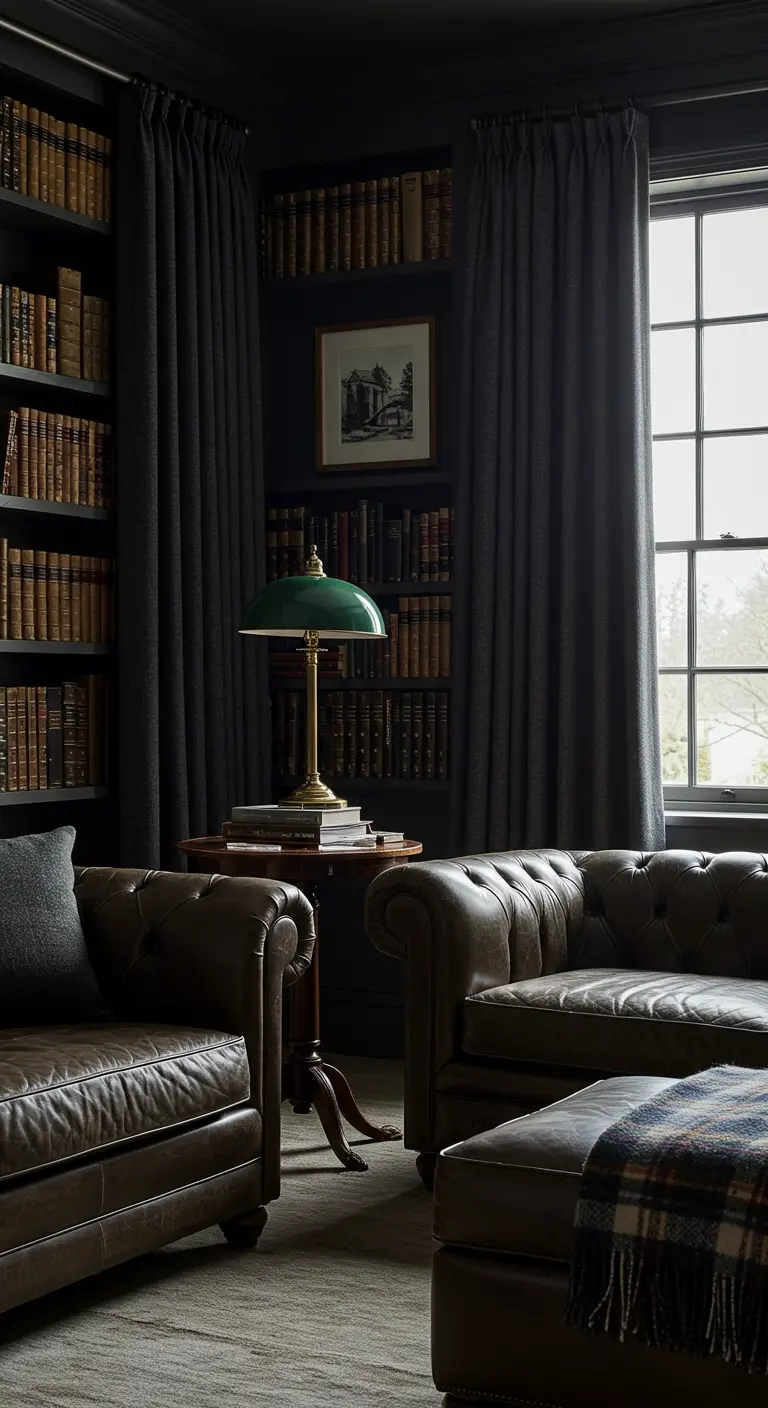 Cortinas de tela oscura en una biblioteca con paredes de estanterías y sofás de cuero.