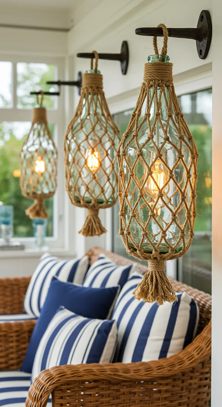 Lámparas de pared de estilo náutico hechas con garrafas de vidrio cubiertas por una red de cuerda.