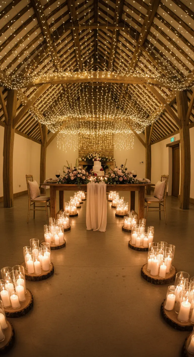 Un camino de velas sobre rodajas de madera en un granero con el techo cubierto de luces.