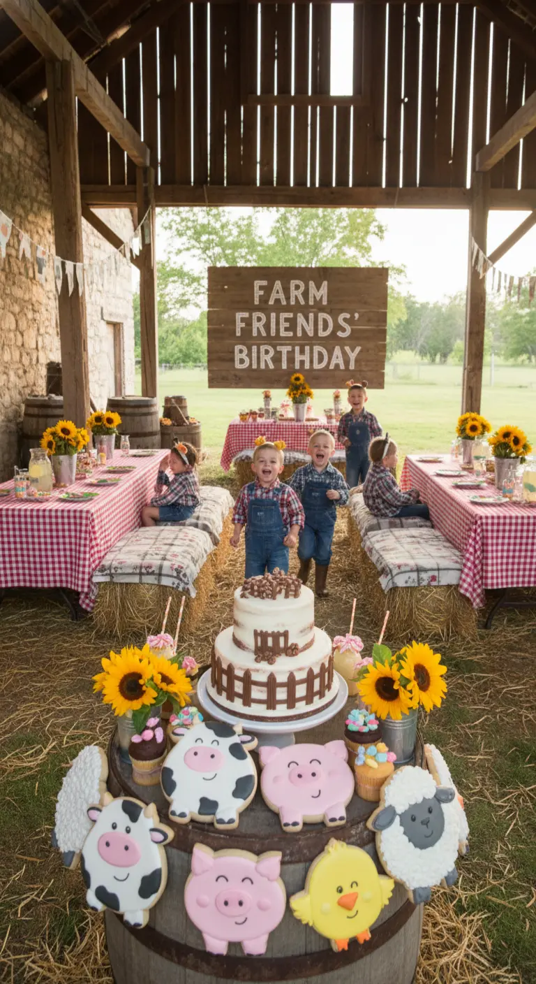 Fiesta de cumpleaños en una granja con balas de heno, girasoles y galletas de animales.