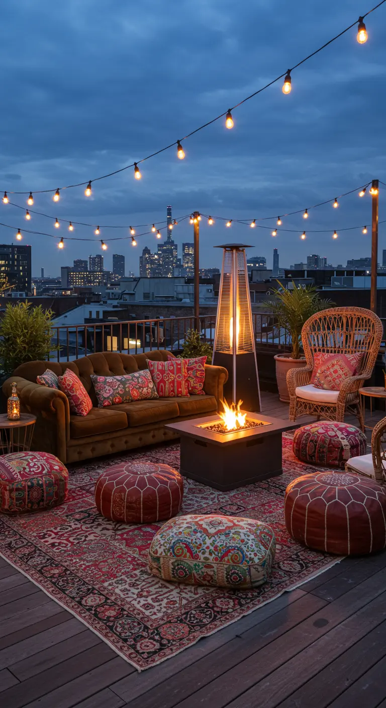 Azotea con sofá de terciopelo, pufs marroquíes, un brasero central y luces de guirnalda