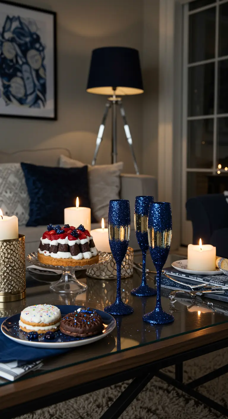 Copas de champán con purpurina azul oscuro en una mesa de centro junto a un pastel y velas.