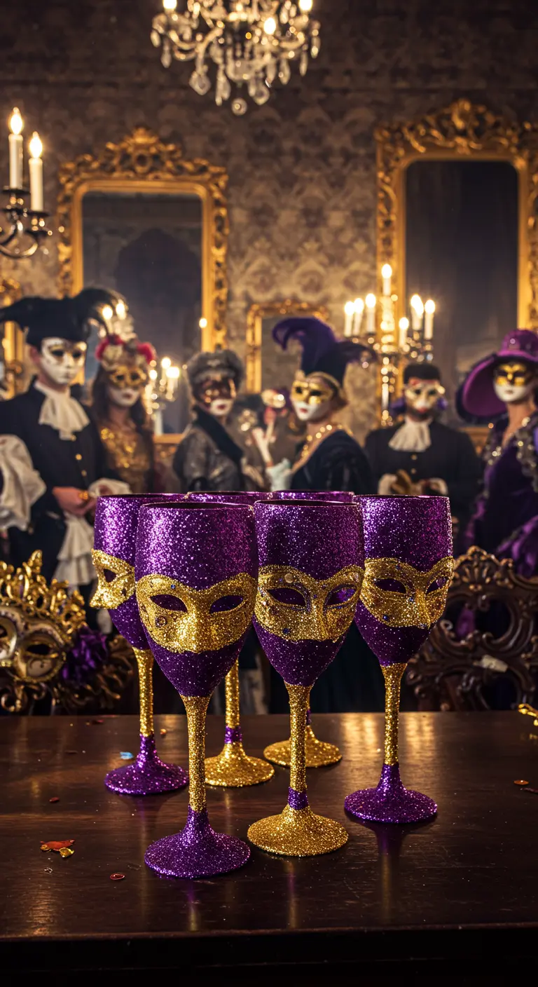 Copas de vino de color morado y dorado con un diseño de antifaz en una fiesta de máscaras.