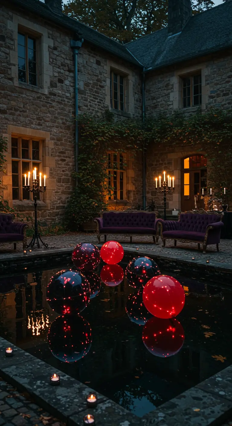 Globos negros y rojos con luces LED flotan en una piscina en un patio gótico.