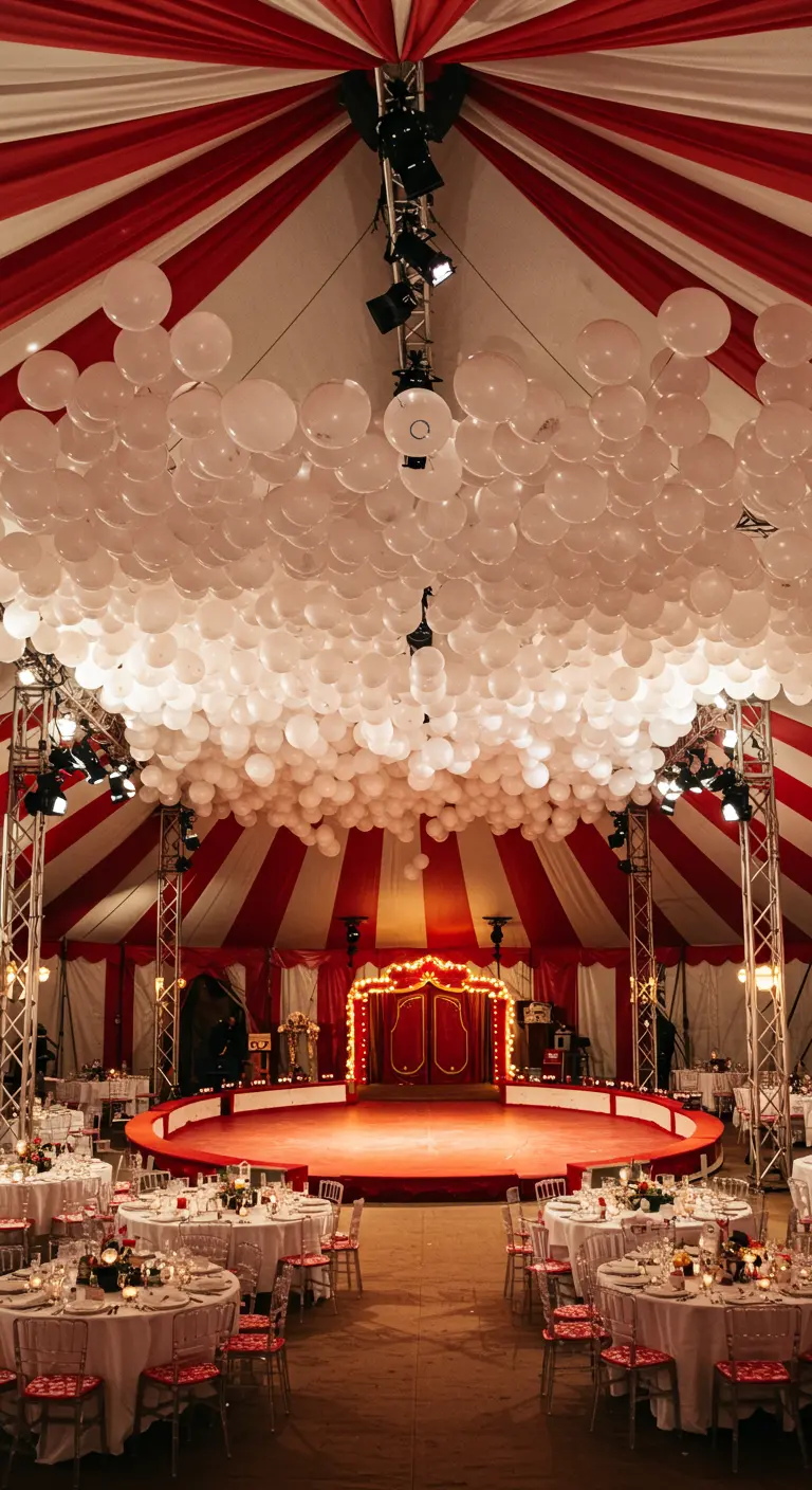 Techo de una carpa de circo cubierto con una densa capa de globos blancos.
