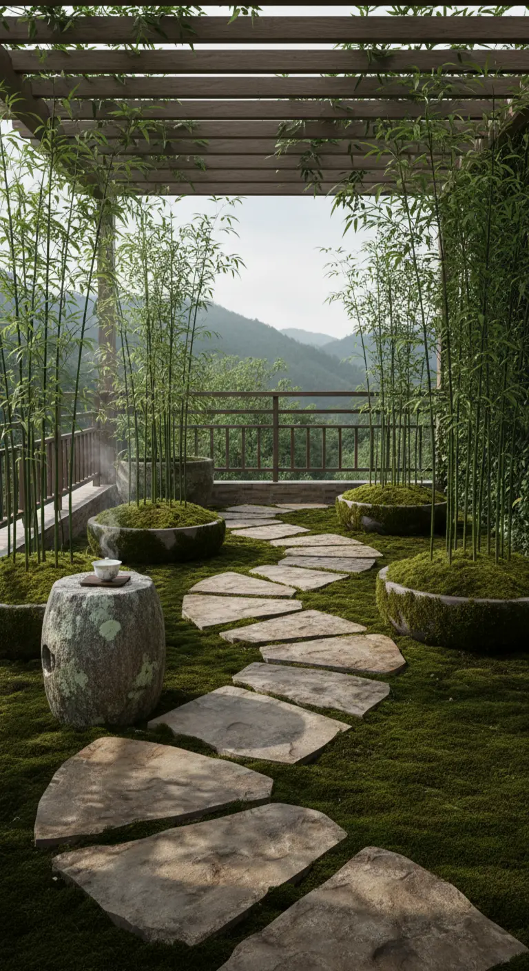 Jardín japonés con un sendero de piedra sobre musgo, rodeado de bambú y bajo una pérgola.