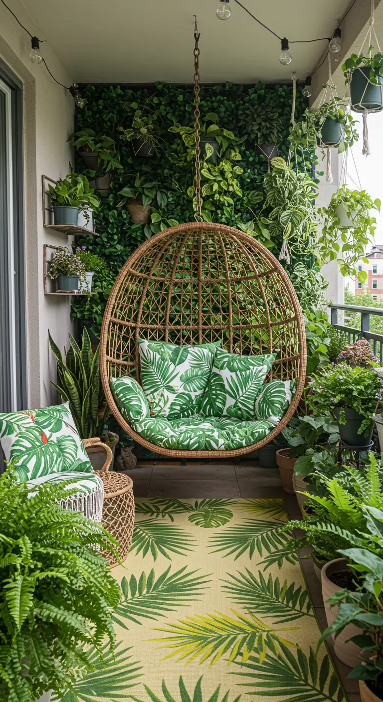 Balcón exuberante con silla colgante de mimbre, cojines de hojas de palmera y un muro verde vertical